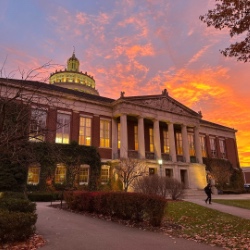 The 十大赌博正规老平台 Rush Rhees Library bell tower at sunrise. 