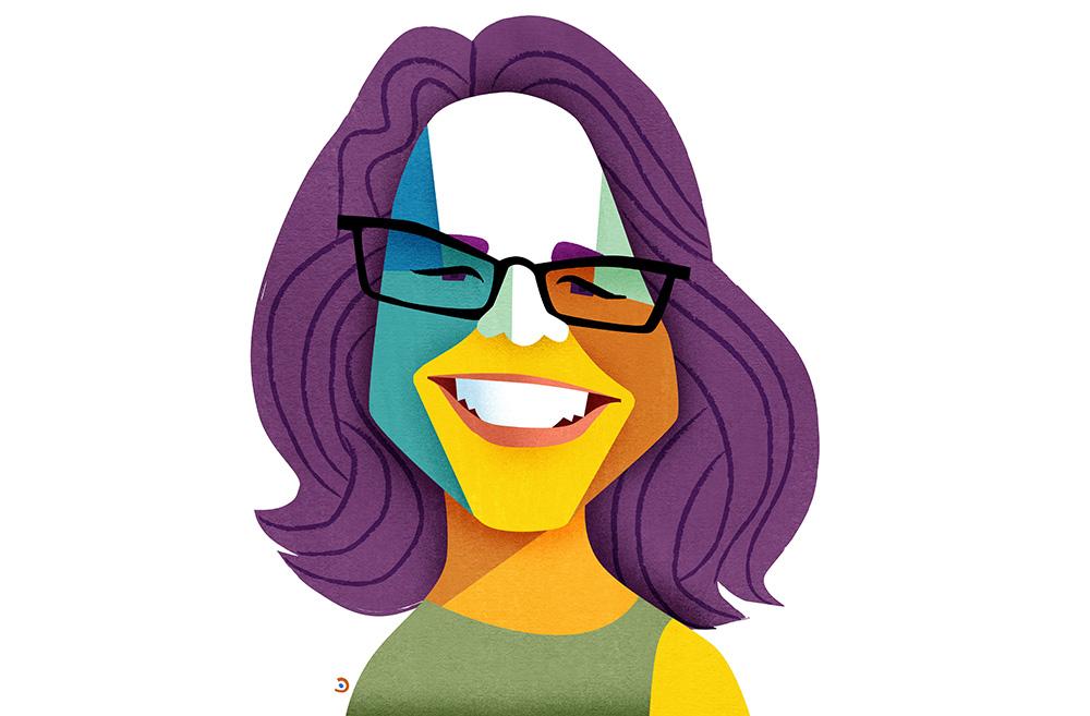 Stylized, colorful illustration of headshot of Grace Stensland.