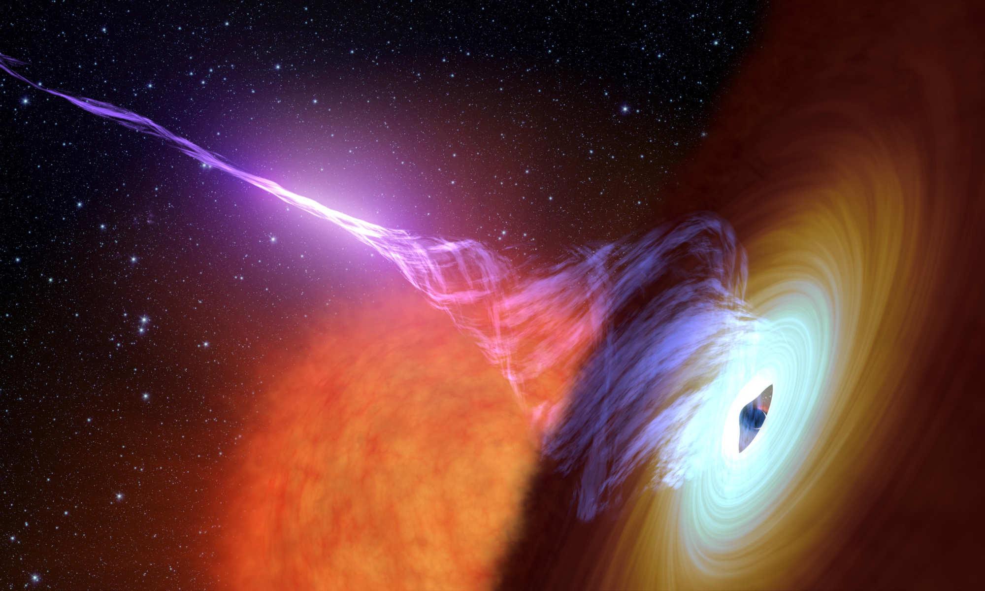 Illustration of a black hole with plasma jets spewing forth.